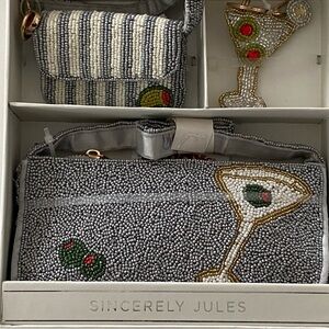 Sincerely Jules Gray Beaded Martini Clutch with Olive Motif, 3 Piece Set, NWT